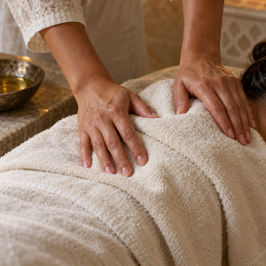 Therapist hands easing the shoulders through a warm ivory towel.