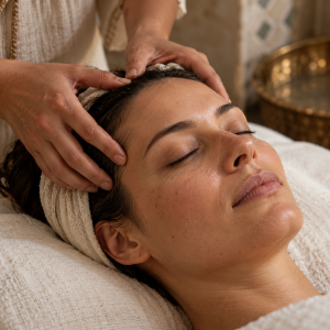 Gentle scalp massage with the guest resting on ivory cotton.
