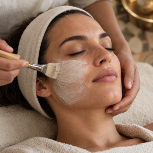 A facial mask being gently applied with a soft brush.