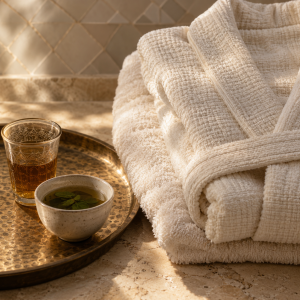 Ivory spa robe and herbal tea on a hammered brass tray.